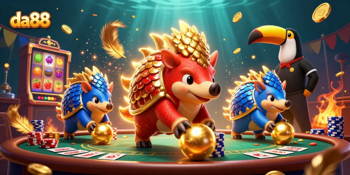 Compete with da88 in a dynamic casino atmosphere featuring rival pangolins and action-packed slots.