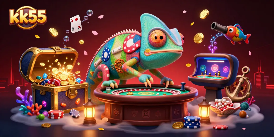 Experience the excitement of kk55 with a chameleon casino owner in a lively, colorful scene.