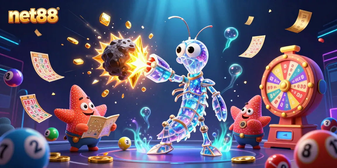 Experience net88 excitement with a galactic mantis shrimp vying for wins amidst vibrant gambling elements.