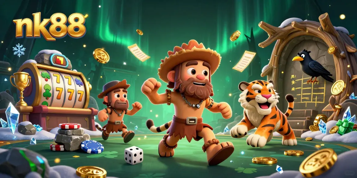 Join the thrilling nk88 casino experience with a lively illustration depicting a caveman and a sabertooth tiger running a prehistoric casino.