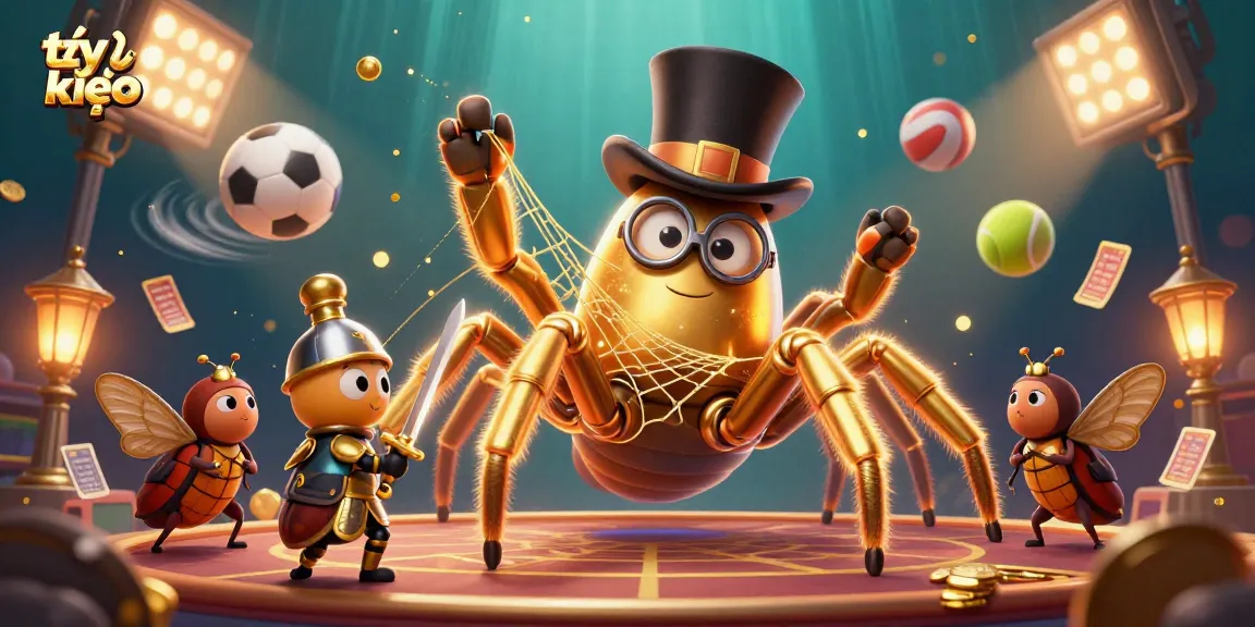 Catching the latest tỷ lệ kèo, a 3D golden tarantula weaves its web amid sports elements