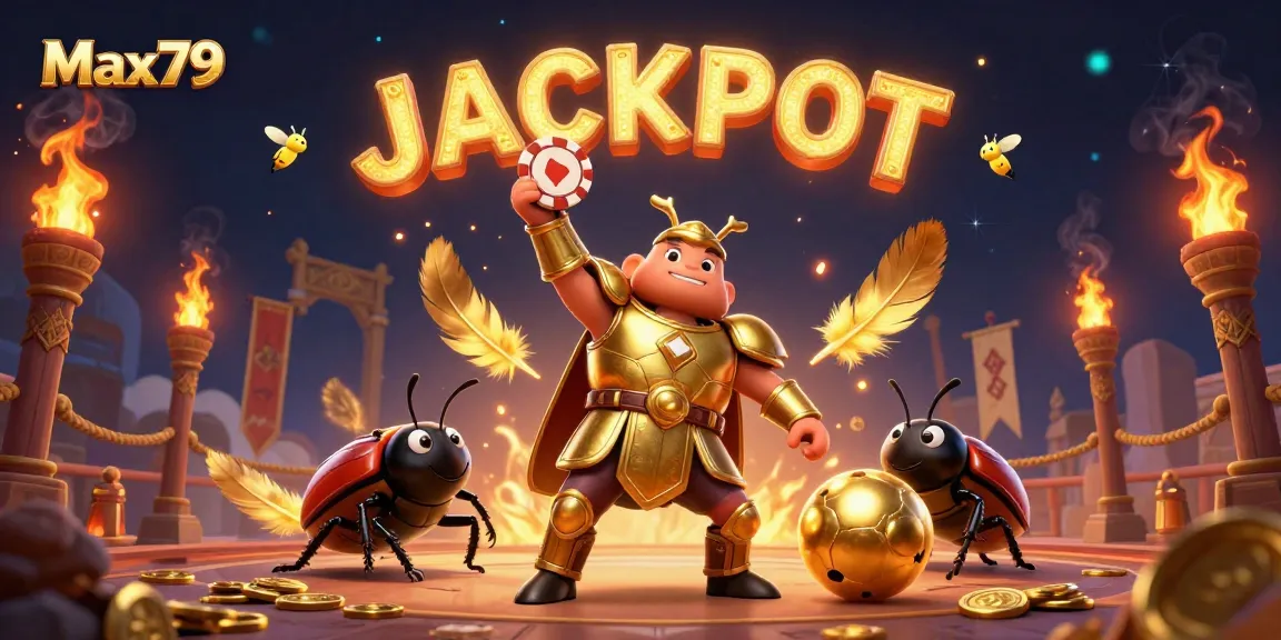 Max79 illustration of a heroic beetle winning a poker chip in a vibrant casino setting.