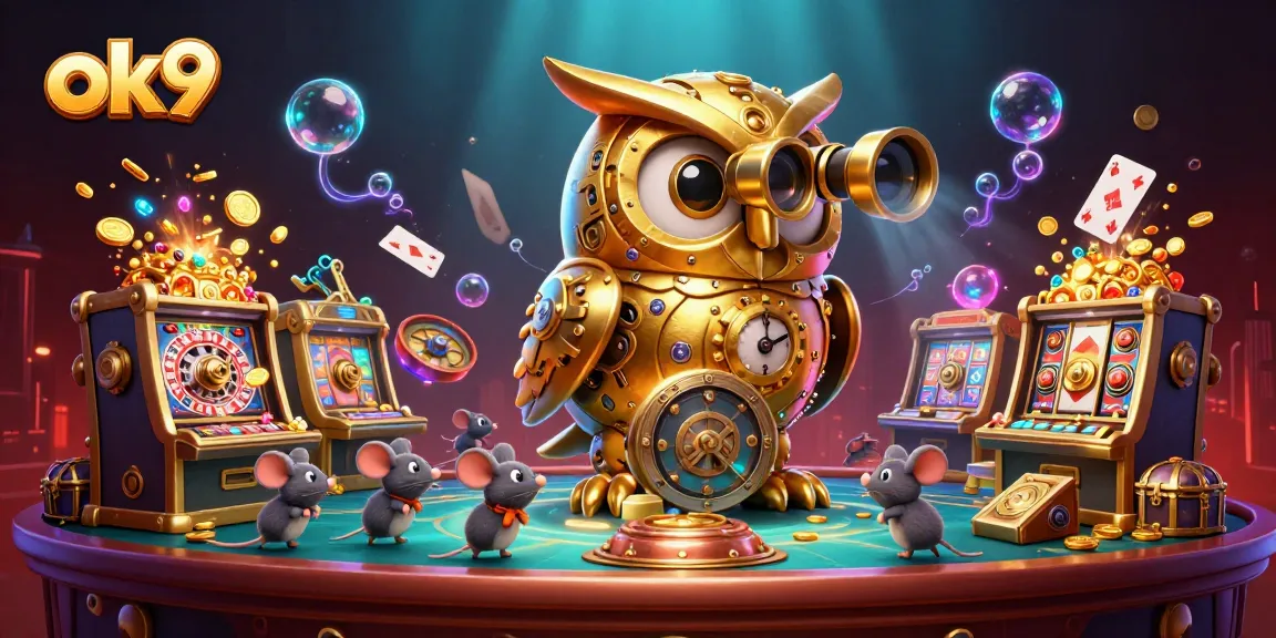 Experience thrilling gaming at ok9 with a golden owl and animated casino elements.