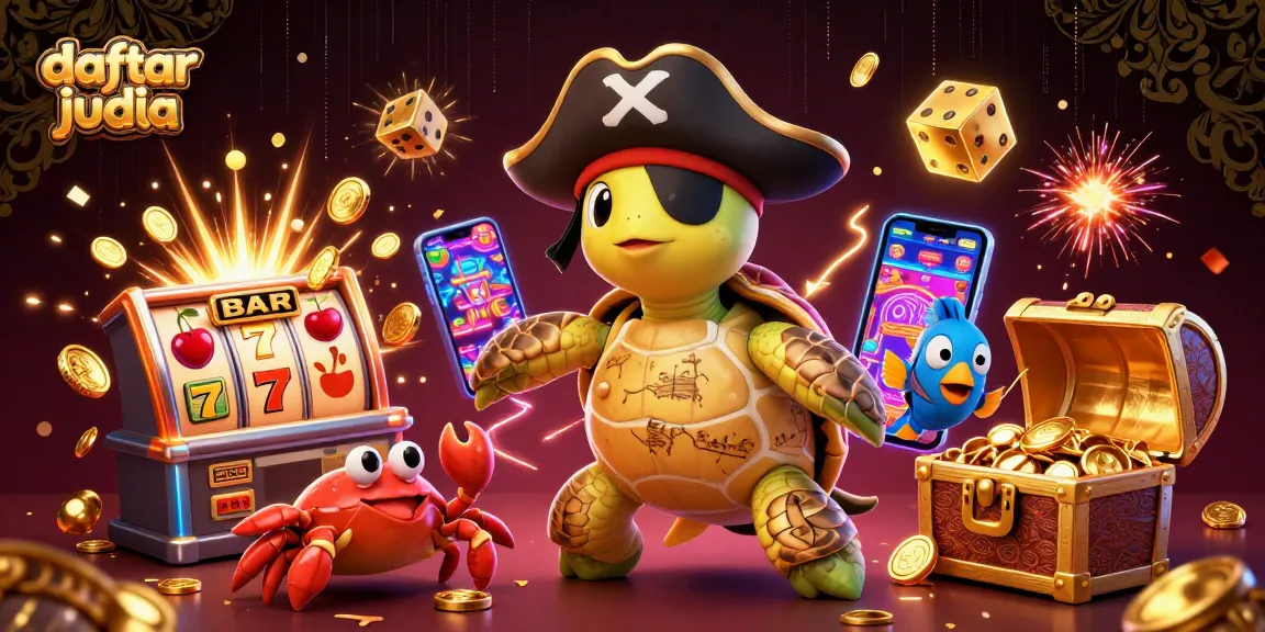 Experience thrilling daftar judi bola with a vibrant 3D pirate turtle, crab, and parrotfish in an exciting casino setting.