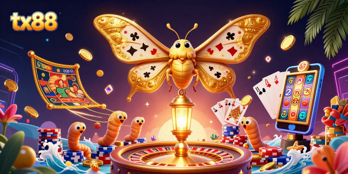 Experience exciting gaming with tx88, featuring a vibrant casino scene with golden moth illustrations and slot rewards.