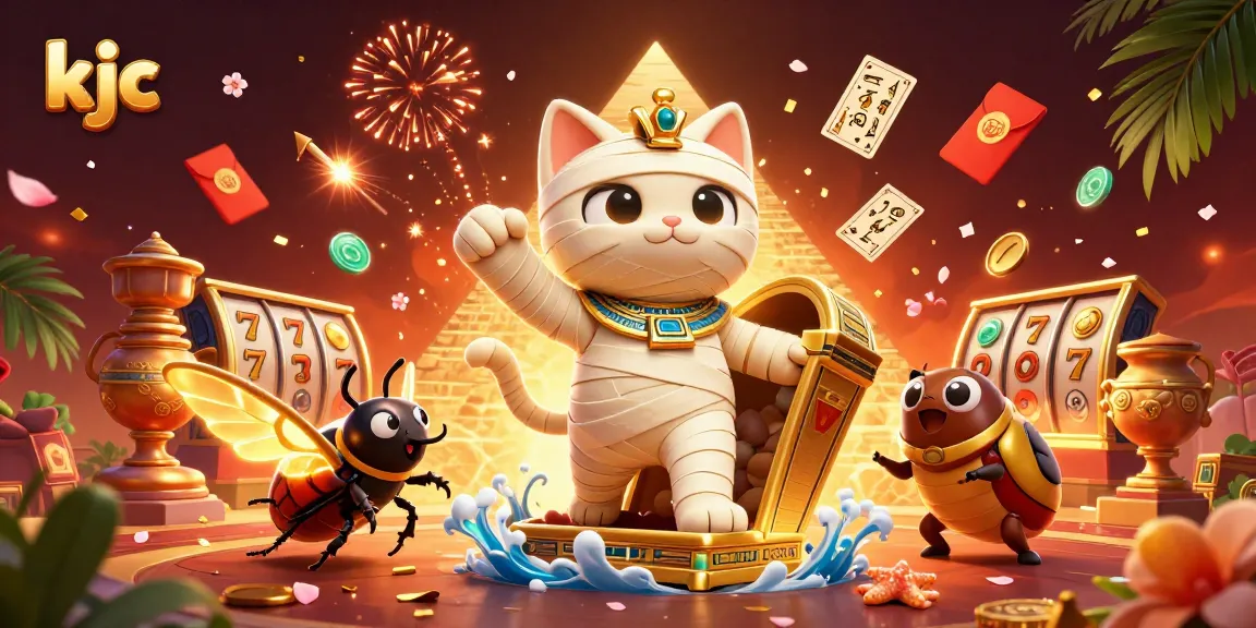 Engage in thrilling games at KJC with vibrant symbols and characters in a dynamic casino scene.