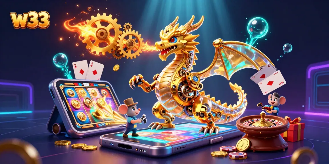 Experience excitement at w33 with a vibrant scene of a golden dragon, thrilling slots, and celebratory gaming elements.