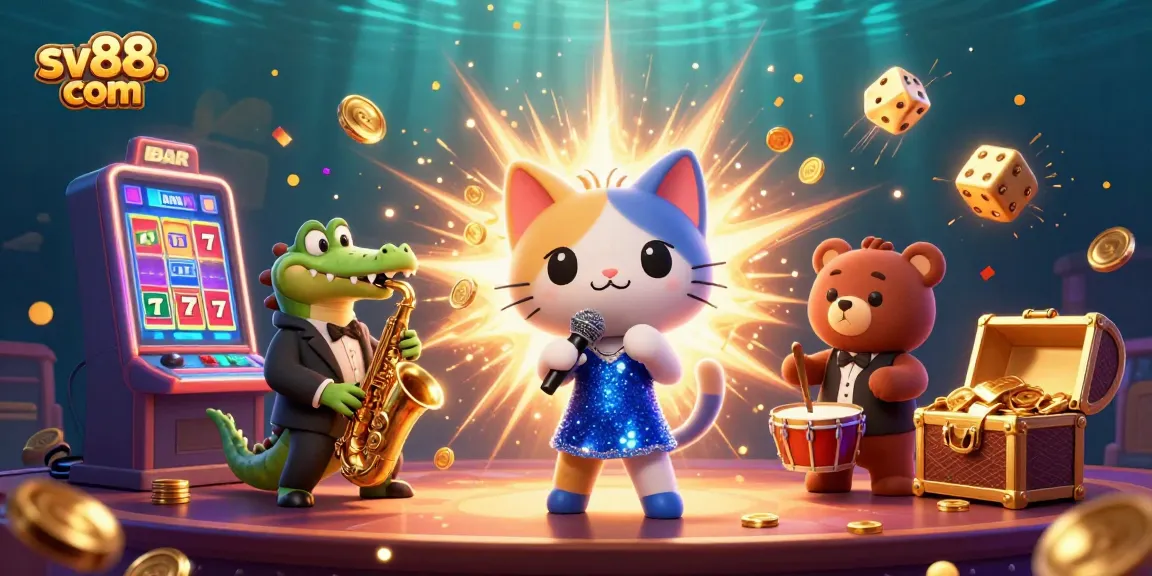 Engage with SV88. com's vibrant casino scene featuring a jazz cat, crocodile, and bear, celebrating wins.