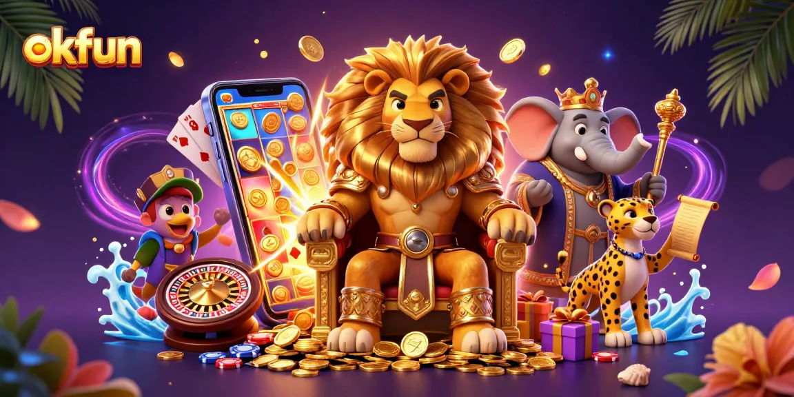 Experience okfun excitement with a royal lion king and vibrant gaming elements bursting with energy.