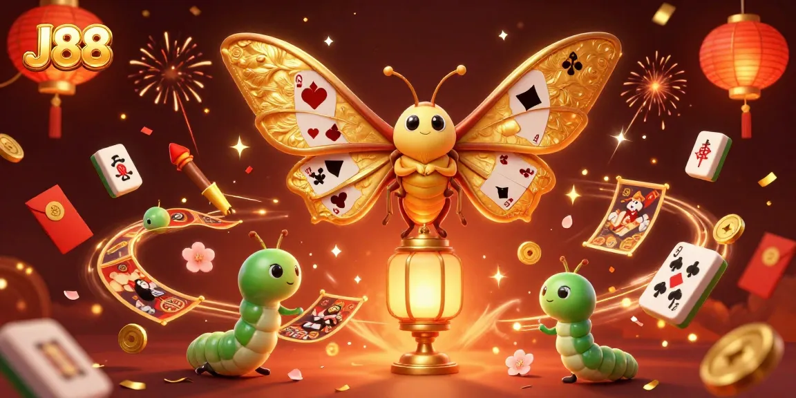Experience J88 with vibrant casino scenes showcased by a 3D moth spreading excitement in the gambling world.