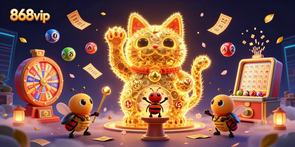 Engage in thrilling gameplay with 868vip's vibrant casino illustration featuring lucky cat and games.