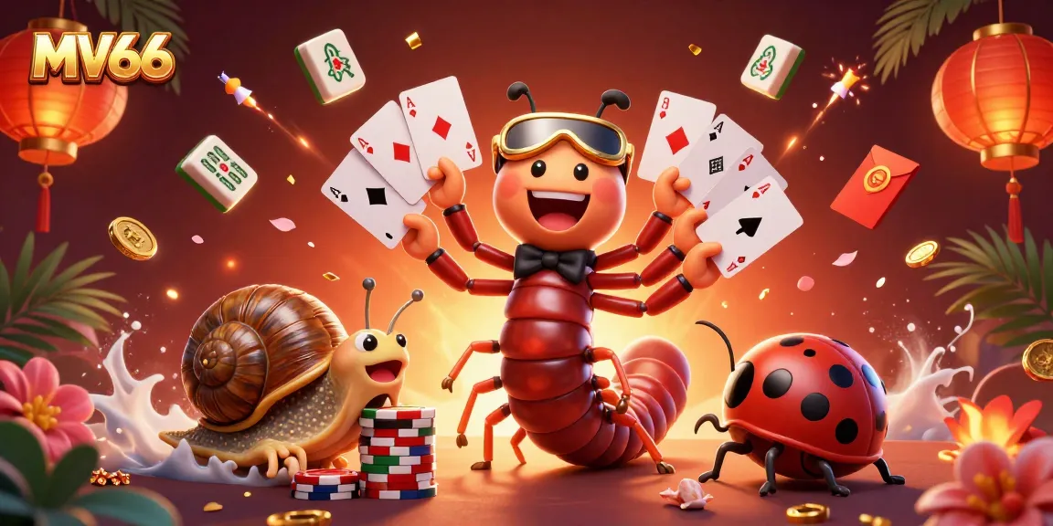 MV66 casino illustration featuring a millipede dealer with playing cards, a snail with chips, and fun gaming elements.