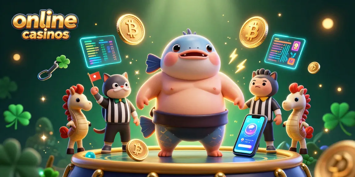 Engage with online casinos through vibrant 3D cartoon characters and cryptocurrency elements in action.