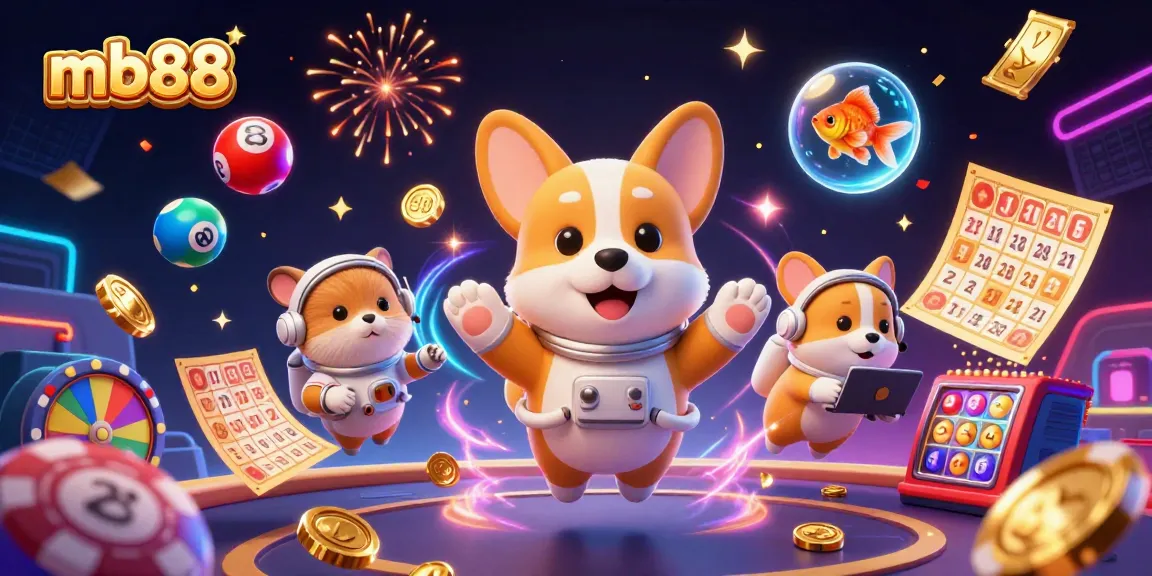 Experience the excitement of mb88 with a vibrant 3D casino scene featuring playful characters and floating gambling elements.