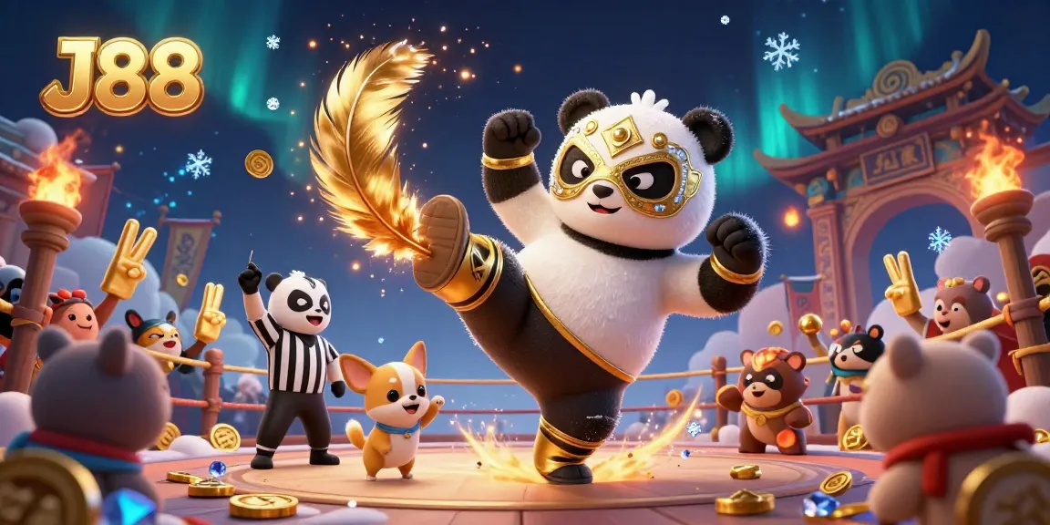 Experience the thrill of J88 as an animated panda wrestler performs an epic flying kick in an exciting casino environment.
