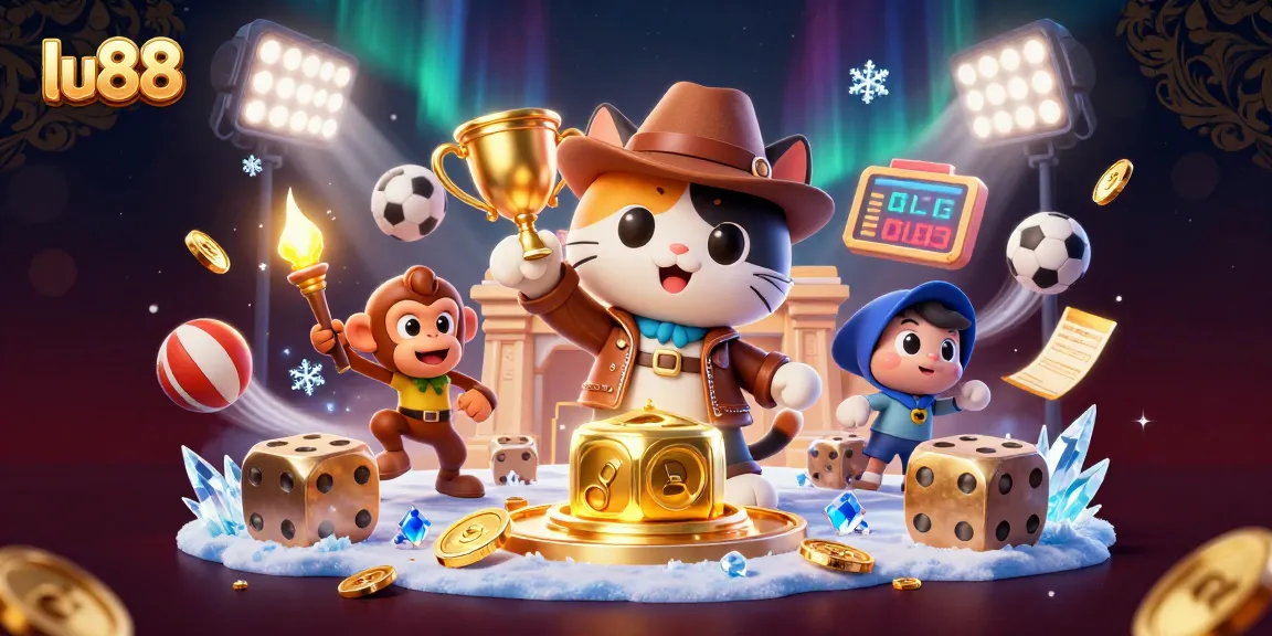 lu88 showcases a vibrant casino scene with an explorer cat discovering treasures amidst dynamic sports elements and ancient traps.