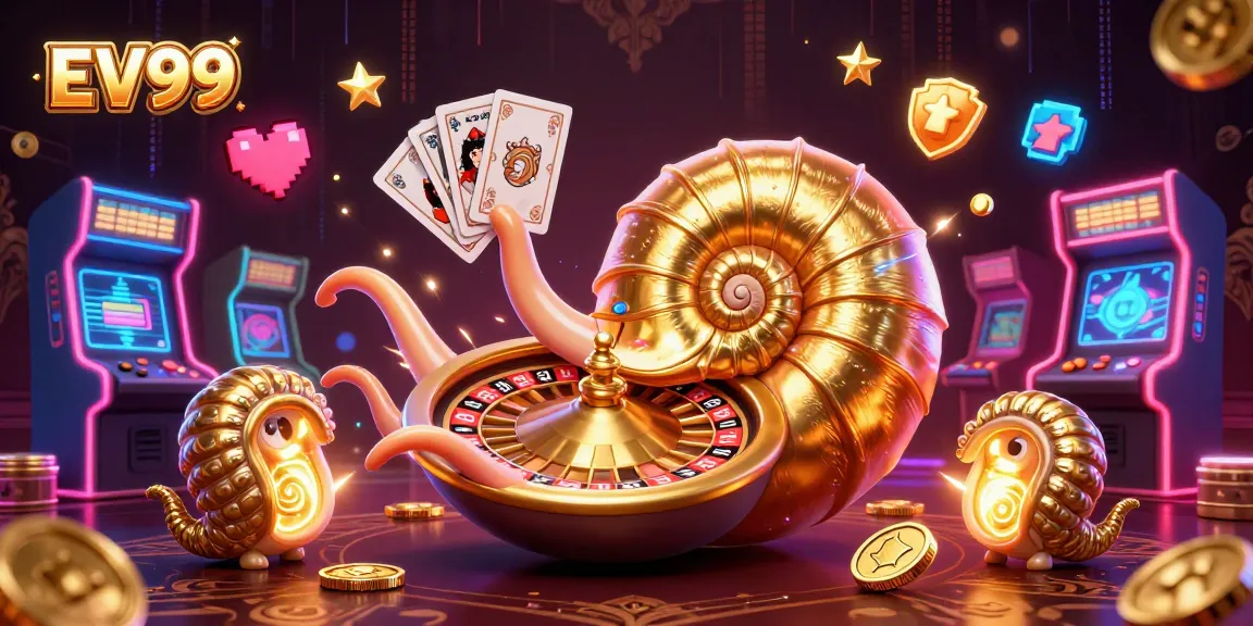 Experience thrilling gameplay at EV99 with a cartoon nautilus roulette, poker cards, and vibrant game arcade elements.