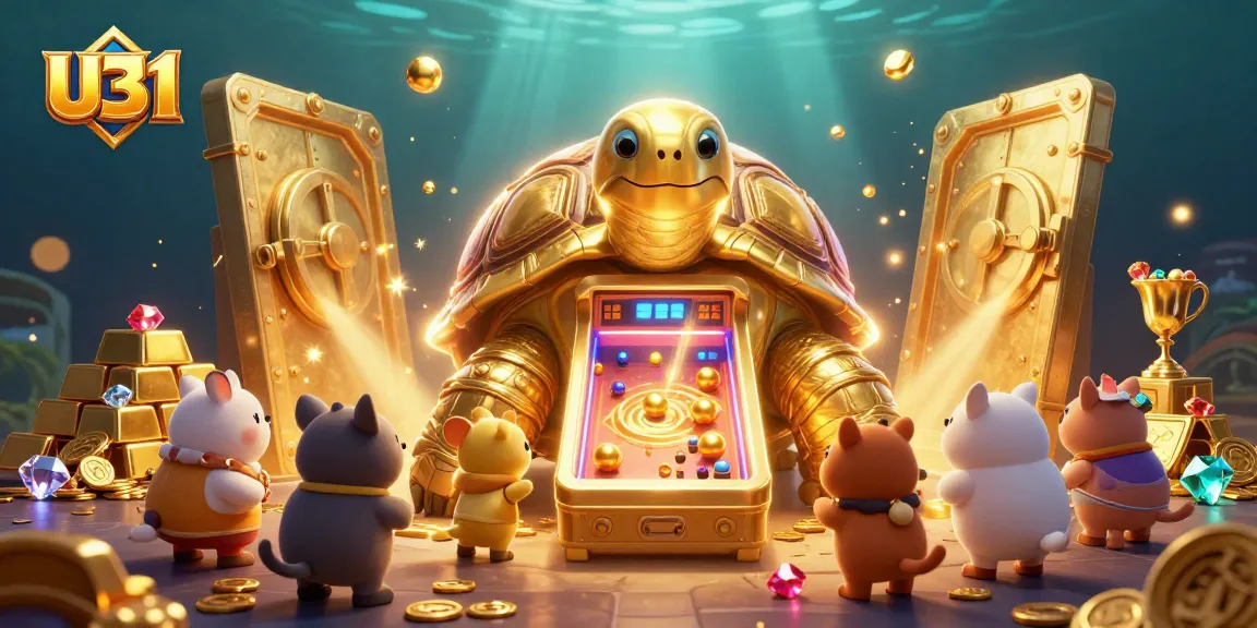 Engage in thrilling wins at U31's colorful gaming extravaganza featuring a golden tortoise pinball machine surrounded by treasures.