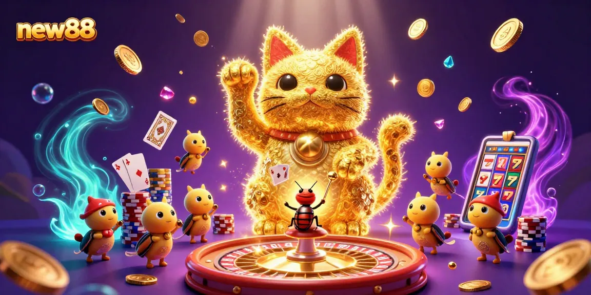 Play and win with new88; a magical scene of casino elements and lucky symbols in vibrant colors.